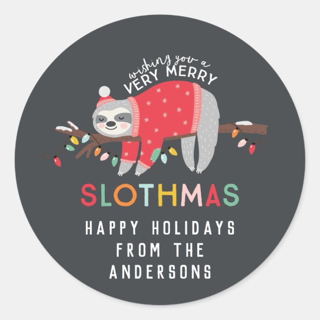 fun colourful sloth christmas classic round sticker (Front)