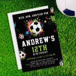 Fun Colourful Soccer Birthday Party Black Sport Invitation<br><div class="desc">Join us for a vibrant soccer-themed birthday bash! Celebrate amidst colourful soccer balls and paint splatters against a sleek black backdrop, with a lively green reverse side. This playful invitation promises joy for kids, teens, and adults alike. Customise the details and make it your own, from the text to the...</div>