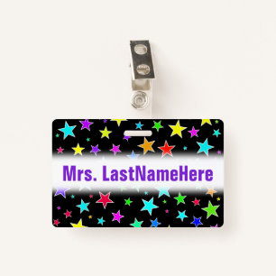 Fun, Colourful Stars Pattern + Custom Teacher Name ID Badge