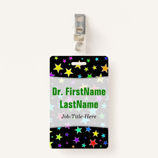 Fun, Colourful Stars Pattern; Personalised Name ID Badge (Front with Clip)