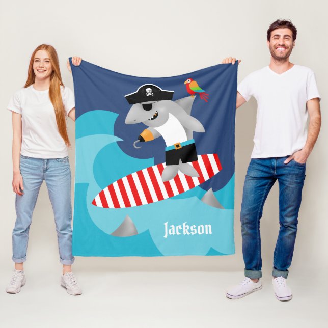 Fun Colourful Surfing Pirate Shark Throw Fleece Blanket (In Situ)