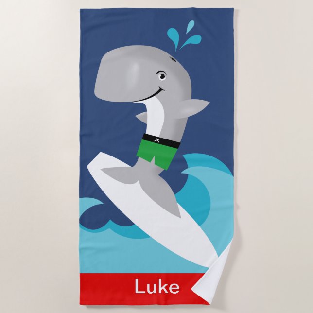 Fun Colourful Surfing Whale Beach Towel (Front)