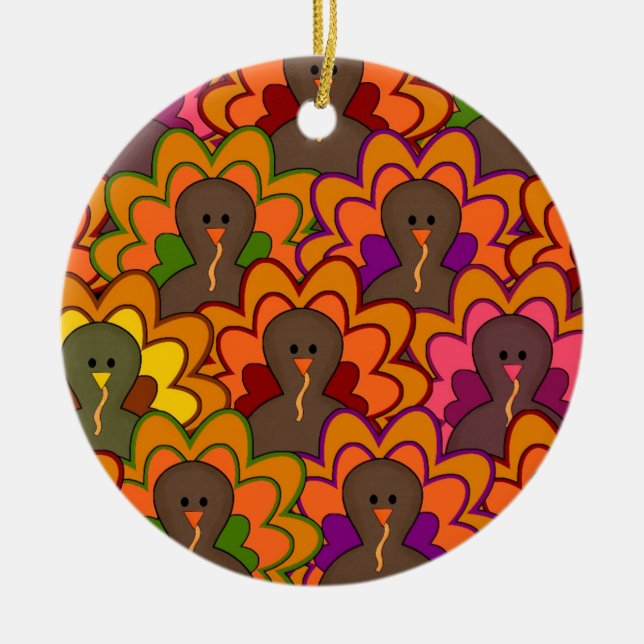 Fun Colourful Thanksgiving Turkeys Ceramic Tree Decoration (Front)