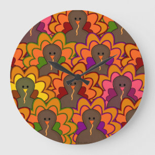 Fun Colourful Thanksgiving Turkeys Large Clock