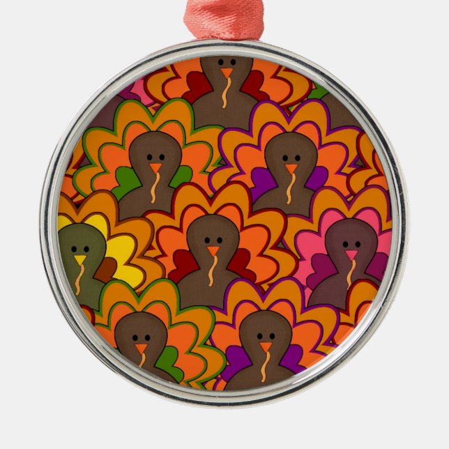 Fun Colourful Thanksgiving Turkeys Metal Tree Decoration (Front)