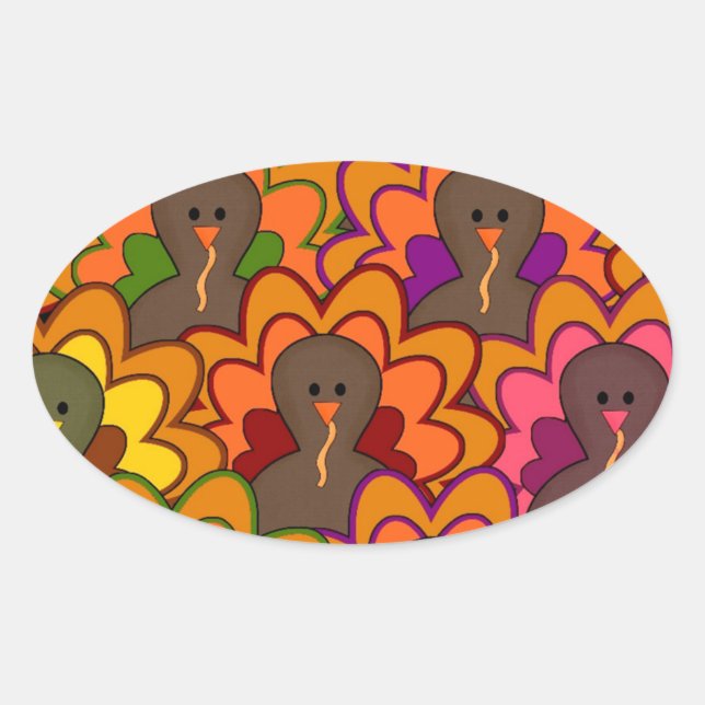 Fun Colourful Thanksgiving Turkeys Oval Sticker (Front)