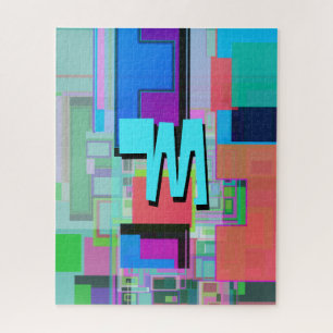 Fun Colourful Turquoise Blue Geometric Monogram Jigsaw Puzzle