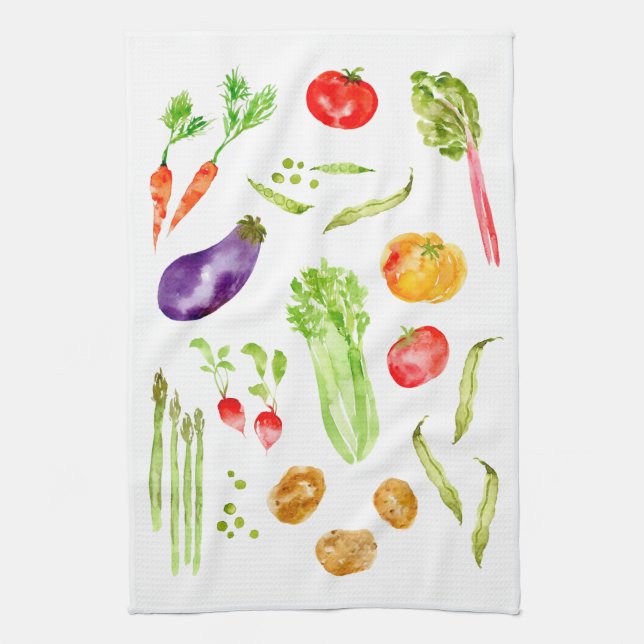 Fun colourful vegetables watercolor tea towel (Vertical)