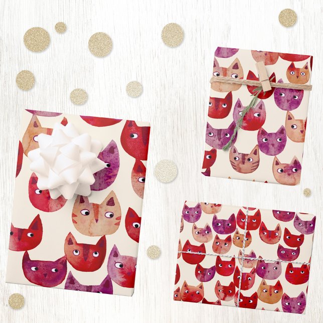 Fun Colourful Watercolor Cat Pattern Wrapping Paper Sheet (Fun watercolor colorful kitty cat gift wrapping paper for animal lovers)