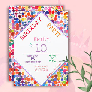 Fun Colourful Watercolor Paint Blots Kids Birthday Invitation