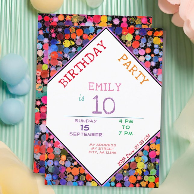 Fun Colourful Watercolor Paint Blots Kids Birthday Invitation (Creator Uploaded)