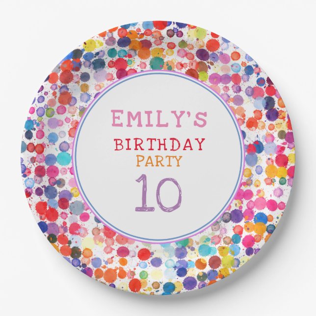 Fun Colourful Watercolor Paint Blots Kids Birthday Paper Plate (Front)
