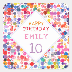 Fun Colourful Watercolor Paint Blots Kids Birthday Square Sticker