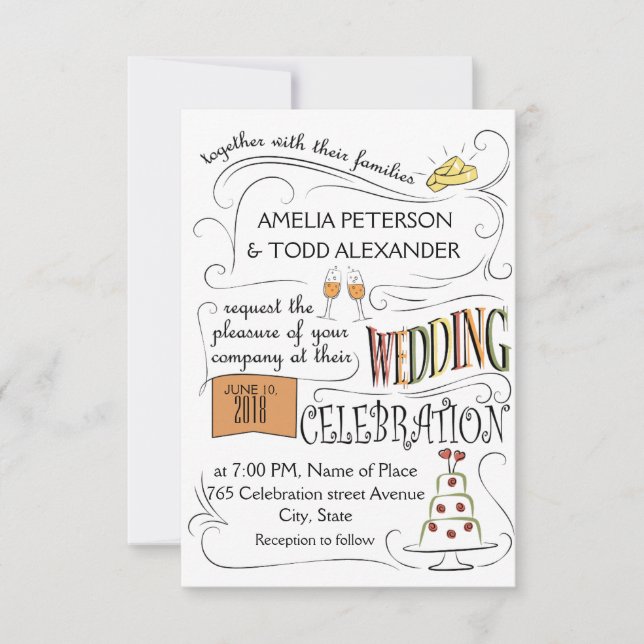 Fun, colourful wedding invitation design. (Front)