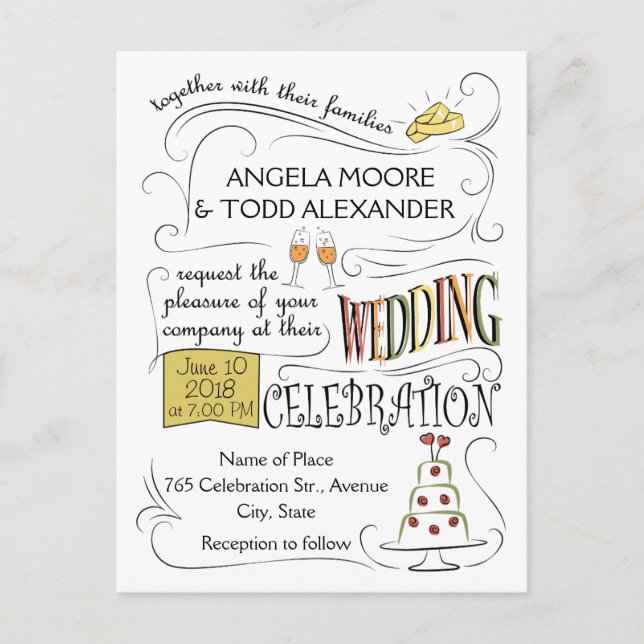 Fun, colourful wedding invitation design postcard (Front)