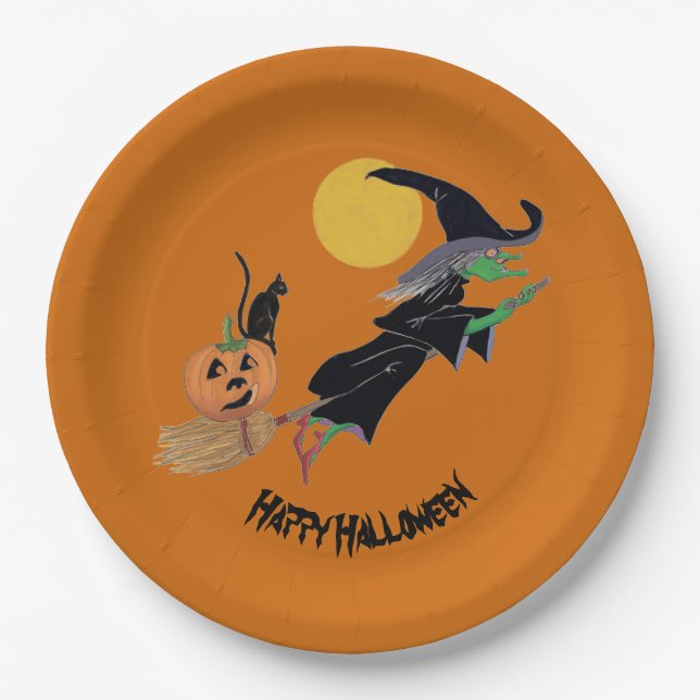 Fun Colourful Witch Halloween Party Paper Plate (Front)
