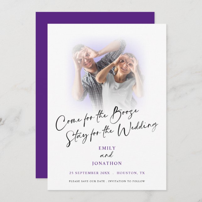 Fun Come For Booze Photo Purple Save The Date (Front/Back)