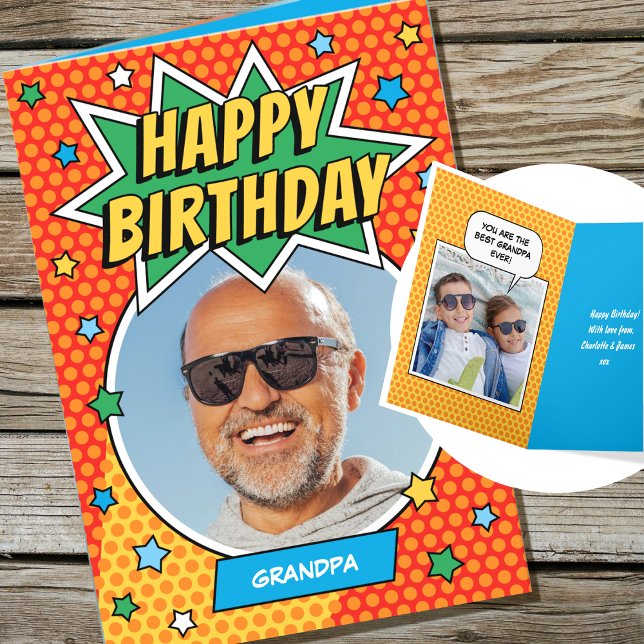 Fun Comic Birthday Stars Grandpa Custom Photos Card (Creator Uploaded)