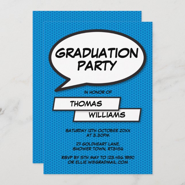 Fun Comic Book Blue Class of 2021 Graduation Party Invitation (Front/Back)
