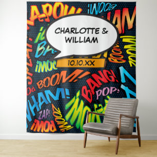 Fun Comic Book Wedding Photo Booth Backdrop Tapestry