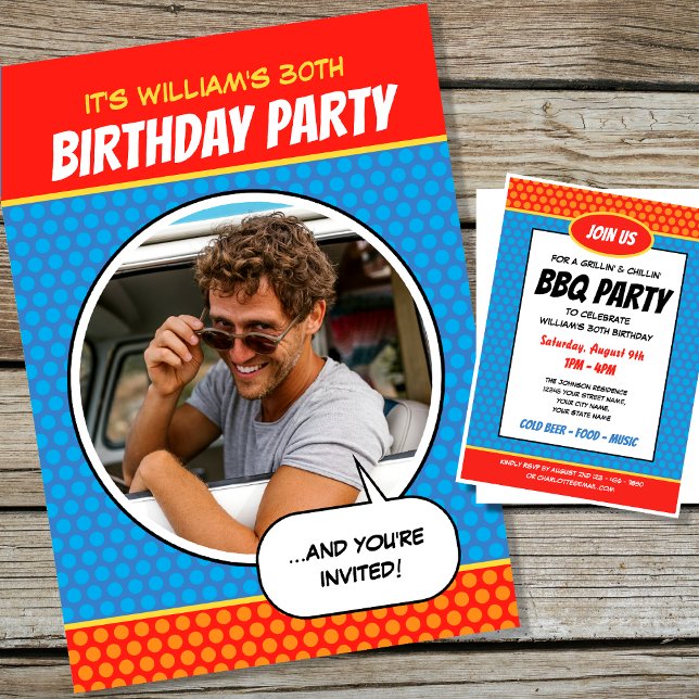Fun Comic Style Any Age Birthday Party BBQ Blue Invitation (Creator Uploaded)