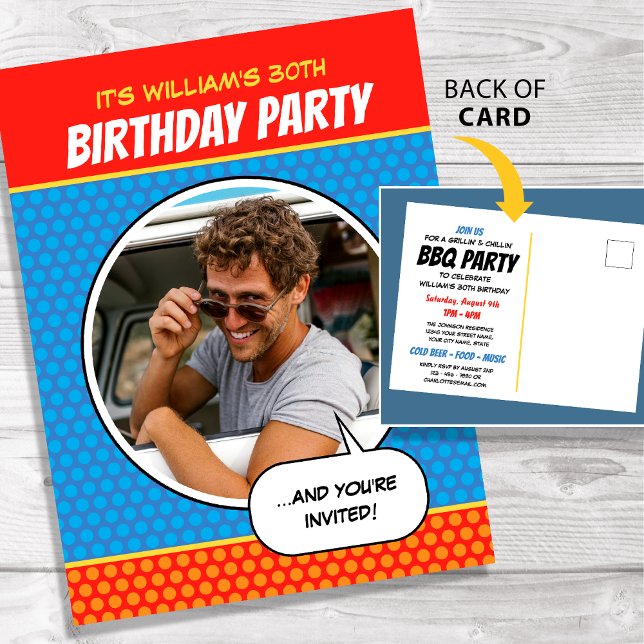 Fun Comic Style Any Age Birthday Party BBQ Blue Postcard (Creator Uploaded)