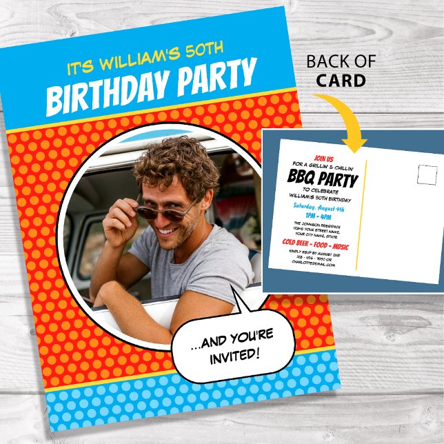 Fun Comic Style Any Age Birthday Party BBQ Orange Postcard (Creator Uploaded)