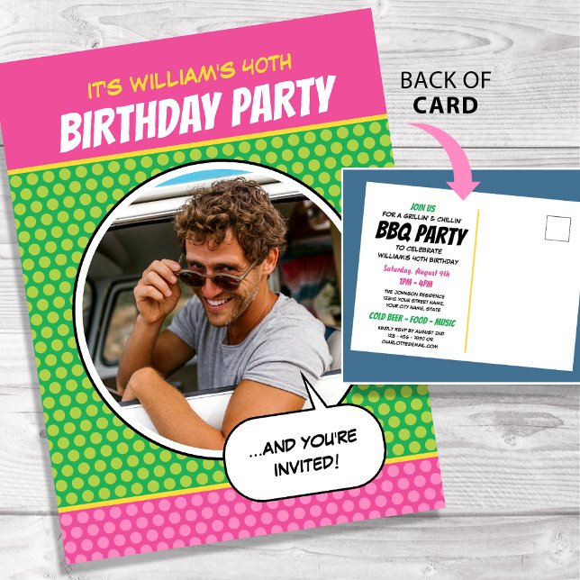 Fun Comic Style Any Age Birthday Party BBQ Pink Postcard (Creator Uploaded)