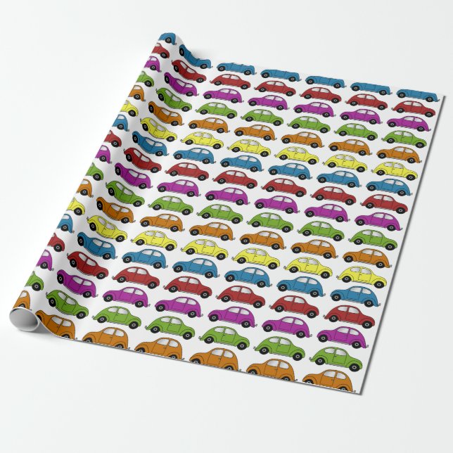 Fun compact cars in retro style in colour rows wrapping paper (Unrolled)