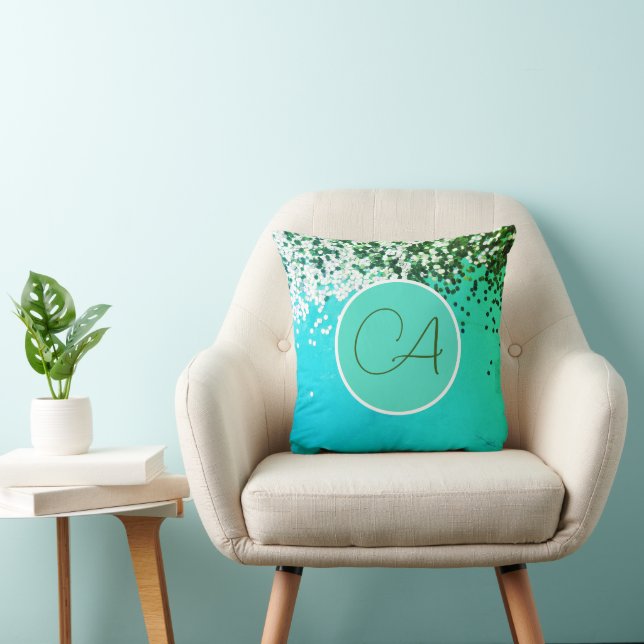 Fun Confetti Monogram Turquoise Throw Pillow (Chair)