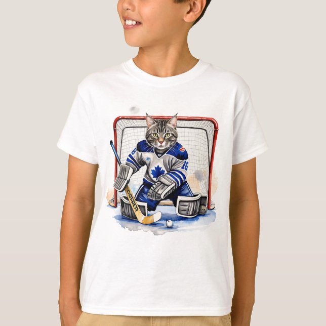 Fun Cool Cat Hockey Goalie  Animal Humour T-Shirt (Front)
