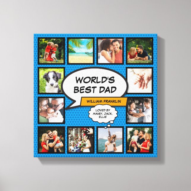 Fun Cool Dad Photo Collage Blue Comic Book Canvas Print (Front)