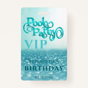 Fun cool glitter script pool party  VIP  Badge ID Badge