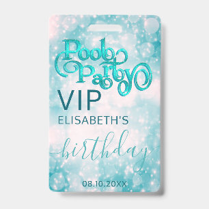 Fun cool glitter script pool party  VIP  Badge ID Badge