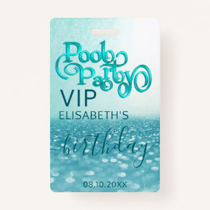 Fun cool glitter script pool party  VIP  Badge ID Badge