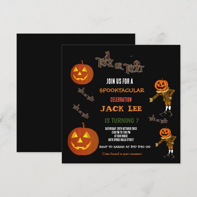 Fun Cool Halloween Trick or Treat Birthday Square  Invitation (Front/Back)