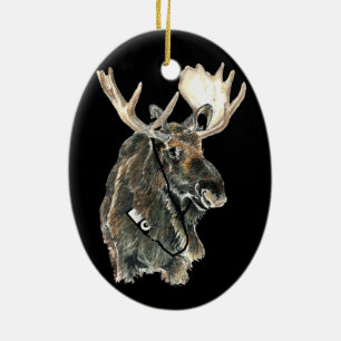 Fun Cool Moose listening to Music with Headphones Ceramic Tree Decoration