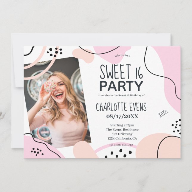Fun cool pink blush abstract shapes photo Sweet 16 Invitation (Front)