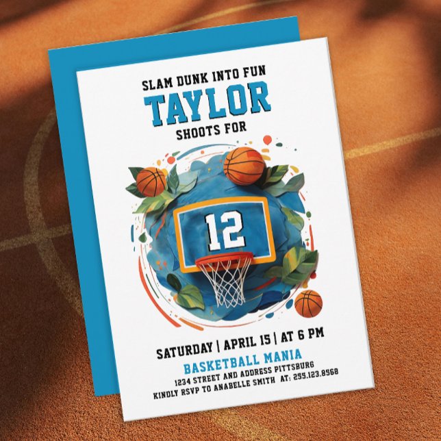 Fun Cool Sport Colourful Blue Basketball Birthday  Invitation (Creator Uploaded)