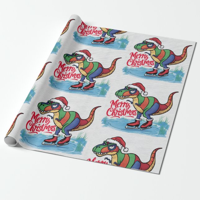 Fun Cool T-rex Dinosaur Skating Christmas Abstract Wrapping Paper (Unrolled)