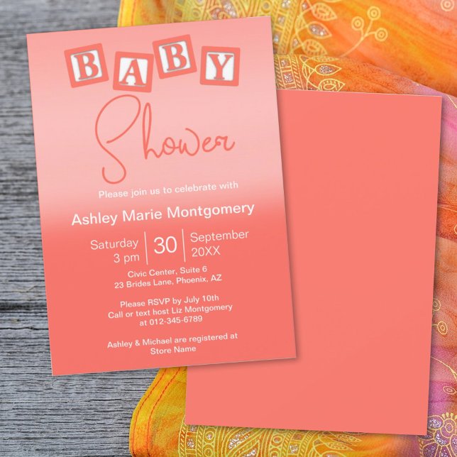 Fun Coral Ombre BABY Blocks Gender Neutral Invitation (Creator Uploaded)