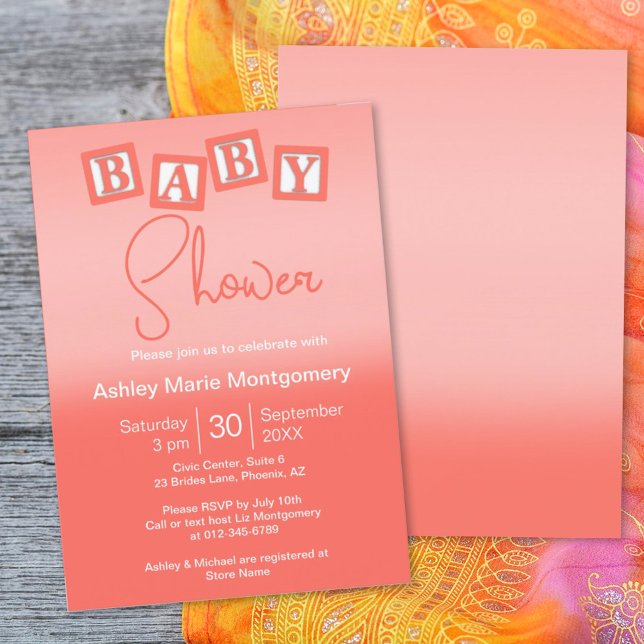 Fun Coral Ombre BABY Blocks Gender Neutral Shower Invitation (Creator Uploaded)