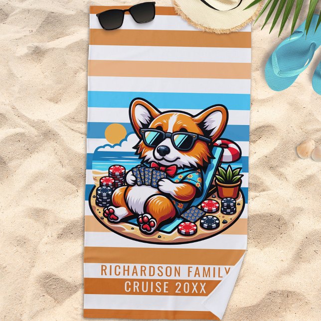 Fun Corgi Dog Poker Player Summer Family Vacation Beach Towel (Creator Uploaded)