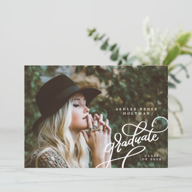 Fun Corner Script Four Photo Grad Announcement  (Standing Front)