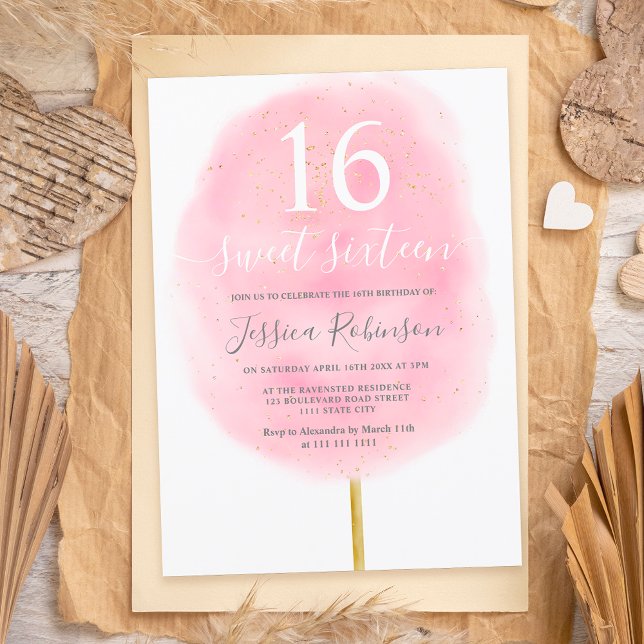 Fun cotton candy glitter pink watercolor sweet 16 invitation (Creator Uploaded)
