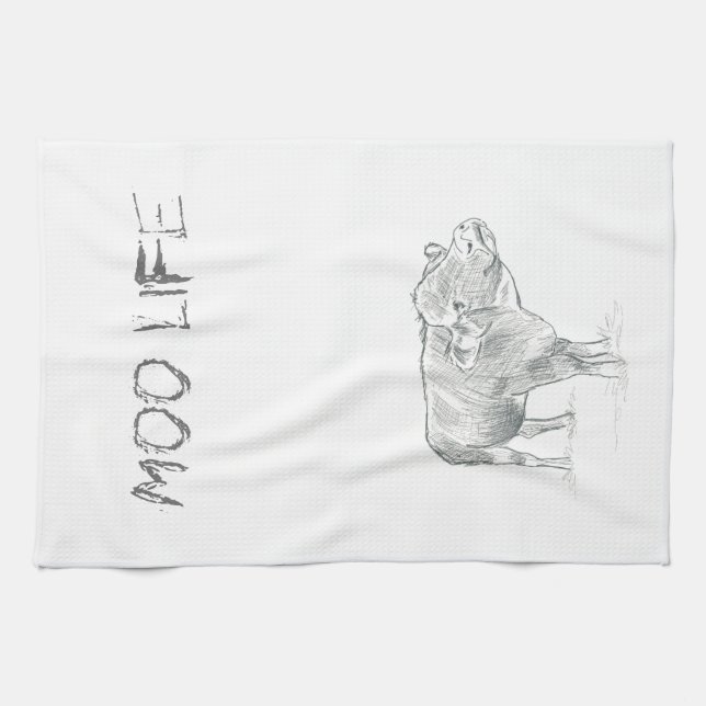 Fun Cow Black And White Drawing | Moo Life Tea Towel (Horizontal)