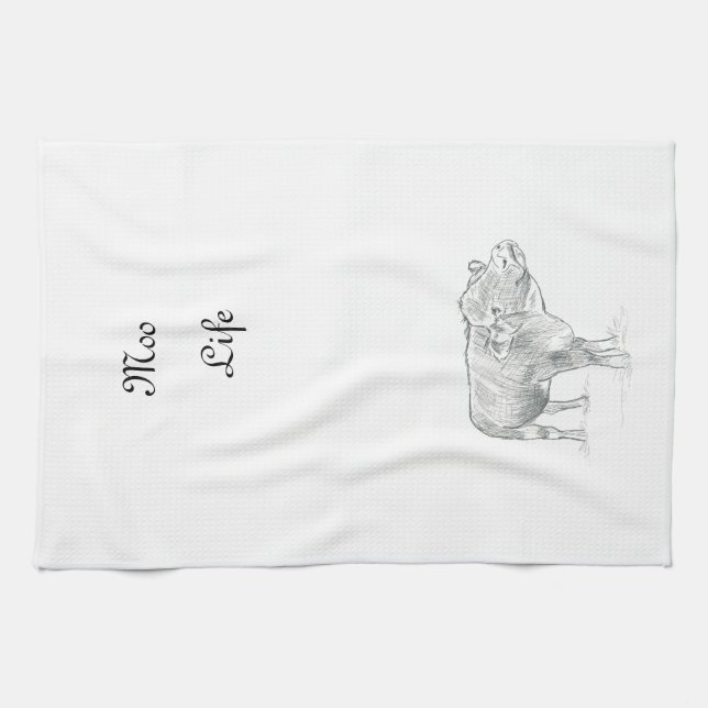 Fun Cow Black and White Drawing |Moo Life Tea Towel (Horizontal)