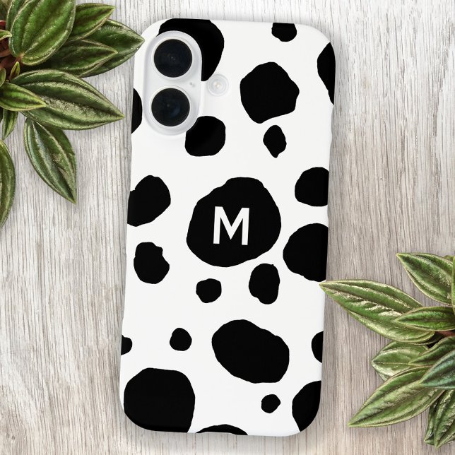 Fun Cow Print Black and White Monogram Initial Case-Mate iPhone Case (Fun monogram initial personalized cow print cell phone case)