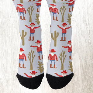 Fun Cowboy Santa Claus Western Christmas Blue Socks