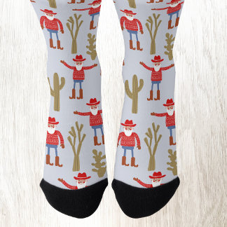 Fun Cowboy Santa Claus Western Christmas Blue Socks
